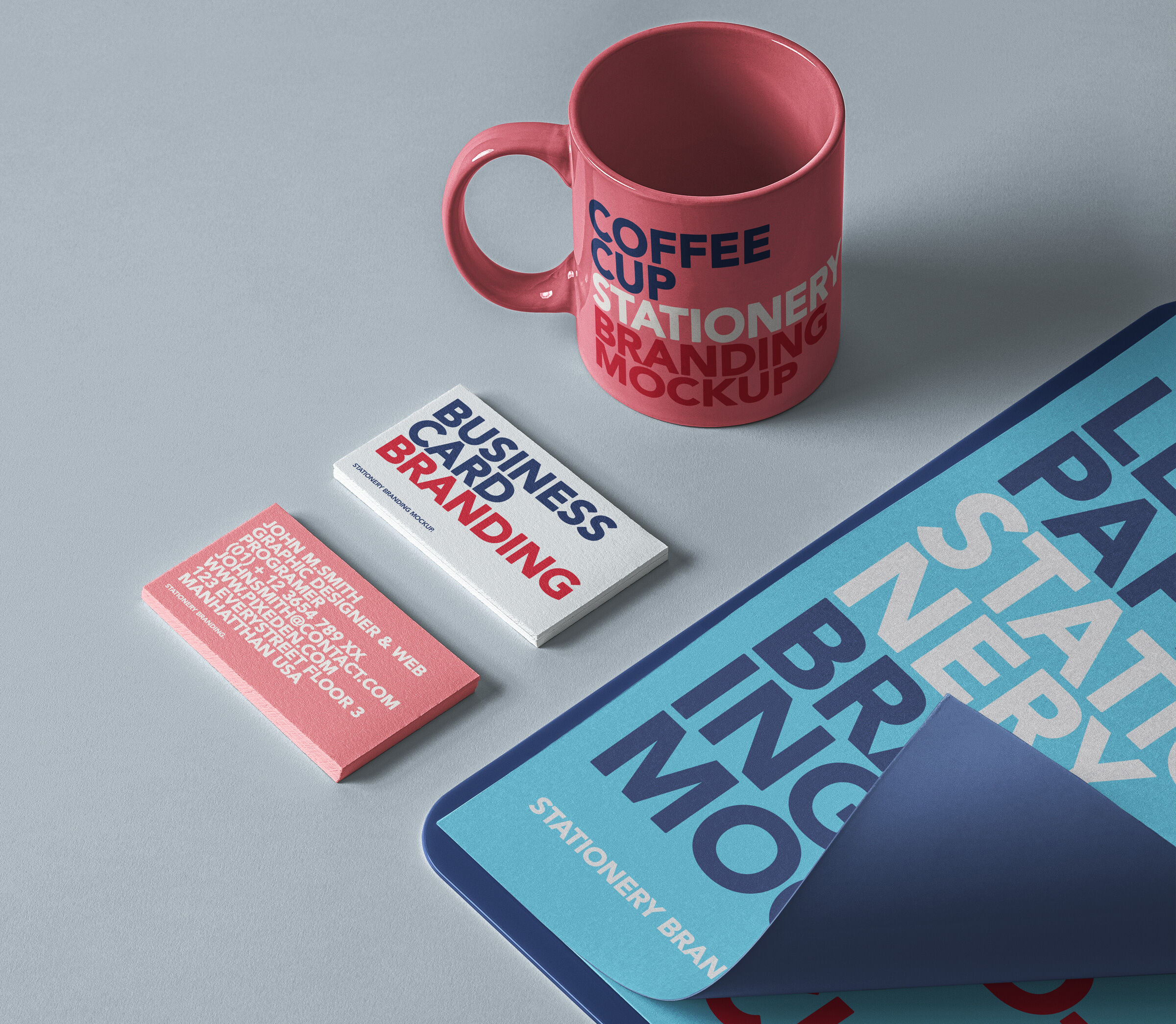 Stationery Branding Mockup Showing Two Business Cards Mug And Cardboard Free Resource Boy