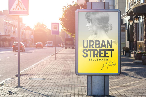 Front Sight Of Urban Standing Street Billboard Mockup On Pavement Free