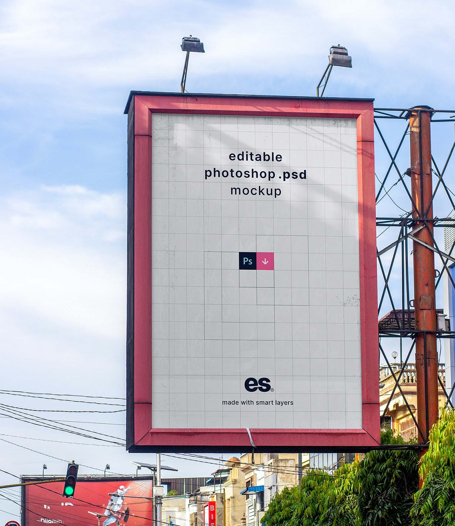 Front View Of Big Vertical Billboard Mockup With Metallic Frame Free