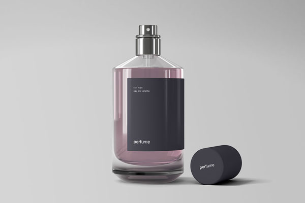 A Classic Glassy Perfume Bottle with a Cap Next to it Mockup FREE PSD