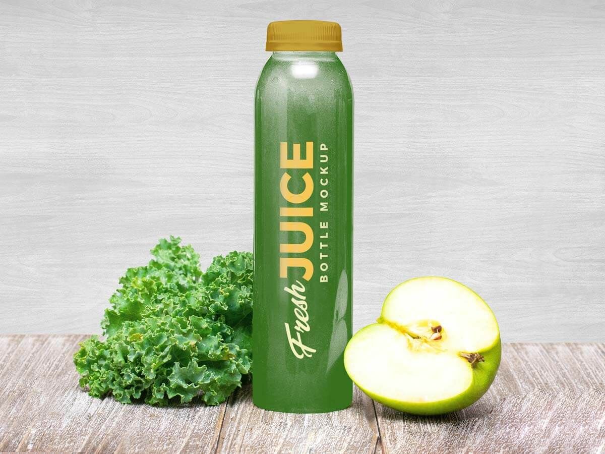 Juice Bottle Mockup Including Lettuce and Apple Half FREE PSD