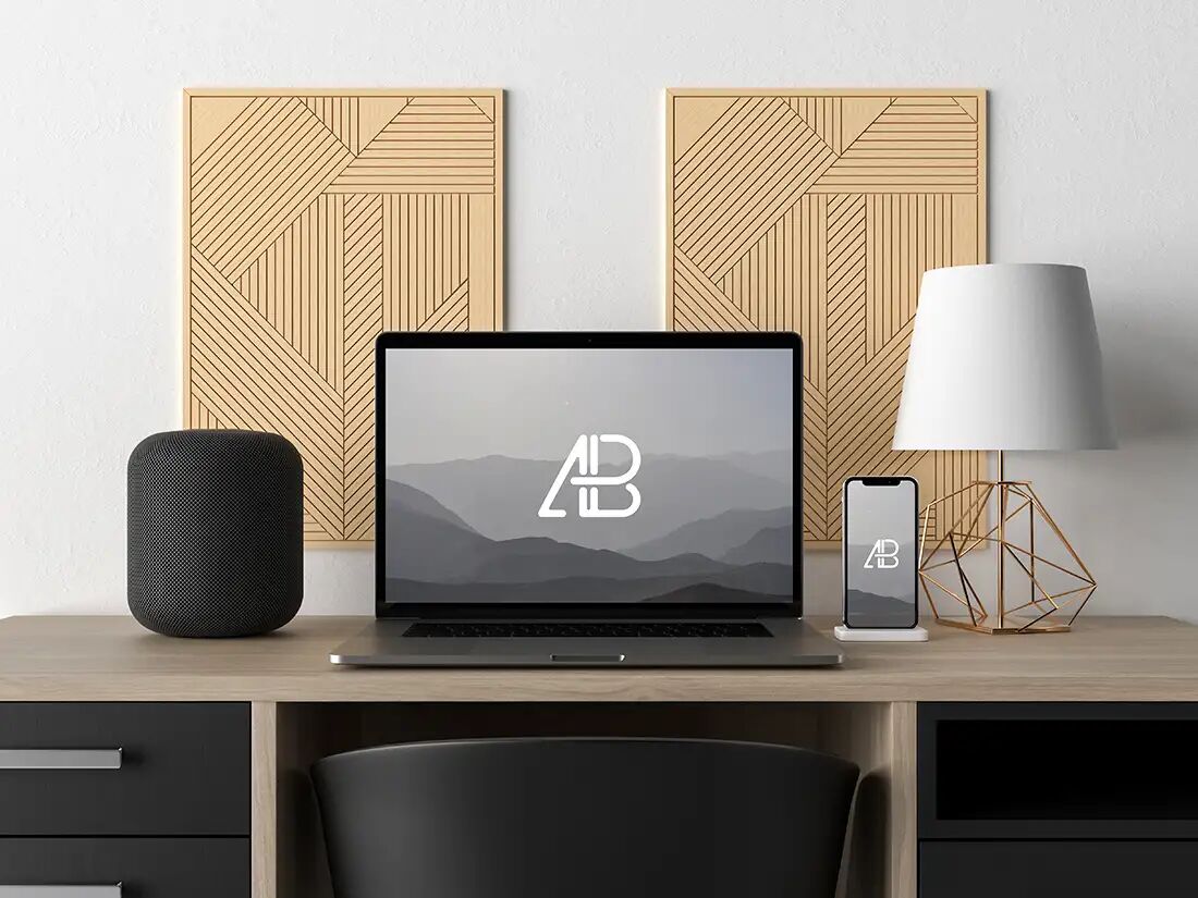 Modern MacBook Pro and iPhone X on Desk Mockup Free Download | Resource Boy