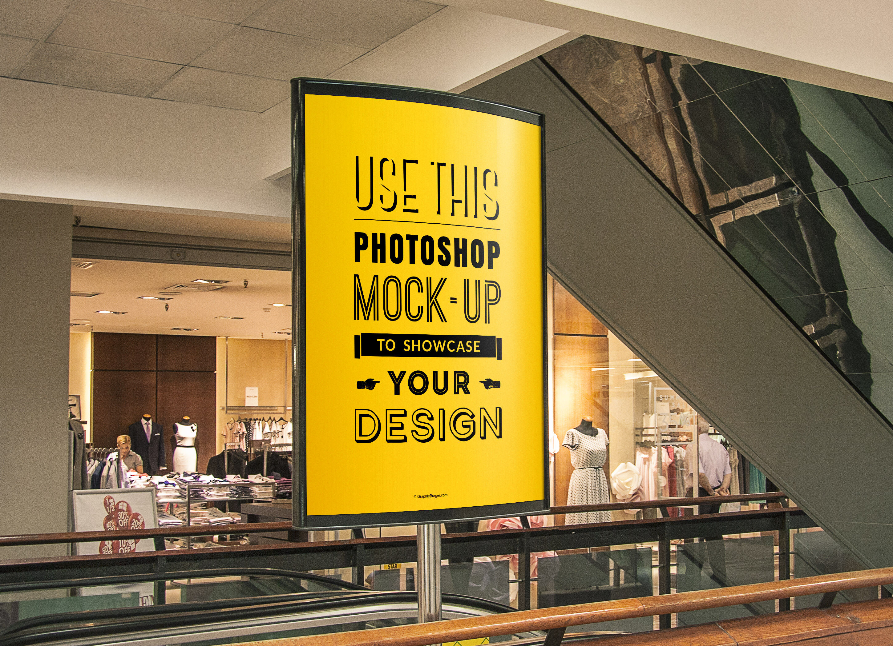 Advertising Poster Next to an Escalator in a Shopping Center Mockup ...