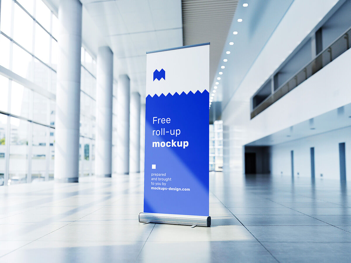Blue Roll Up Mockup In A Hallway FREE PSD