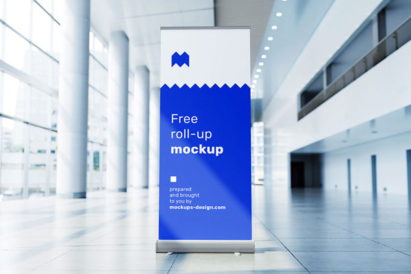 Blue Roll Up Mockup In A Hallway FREE PSD