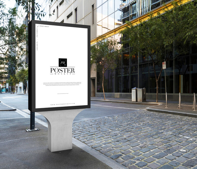 City Outdoor Billboard Poster On A Stone Stand Mockup FREE PSD