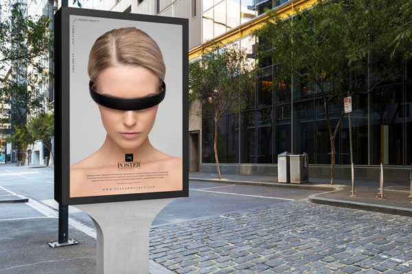 City Outdoor Billboard Poster On A Stone Stand Mockup FREE PSD