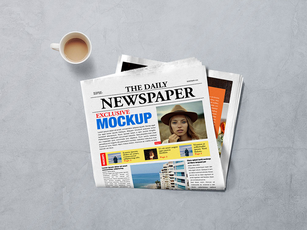 Front View Of Premium Quality Newspaper Mockup With Changeable Backdrop FREE PSD