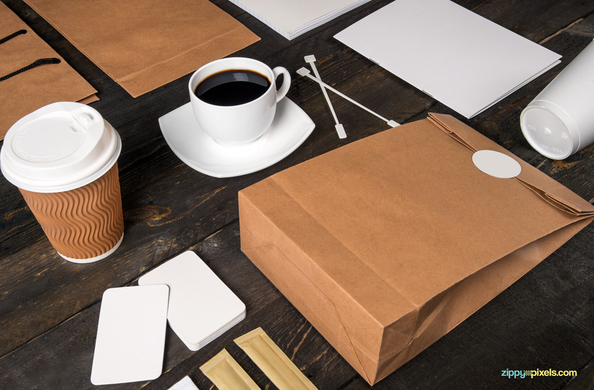 Full Package Coffee Branding Mockup with Business Cards FREE PSD