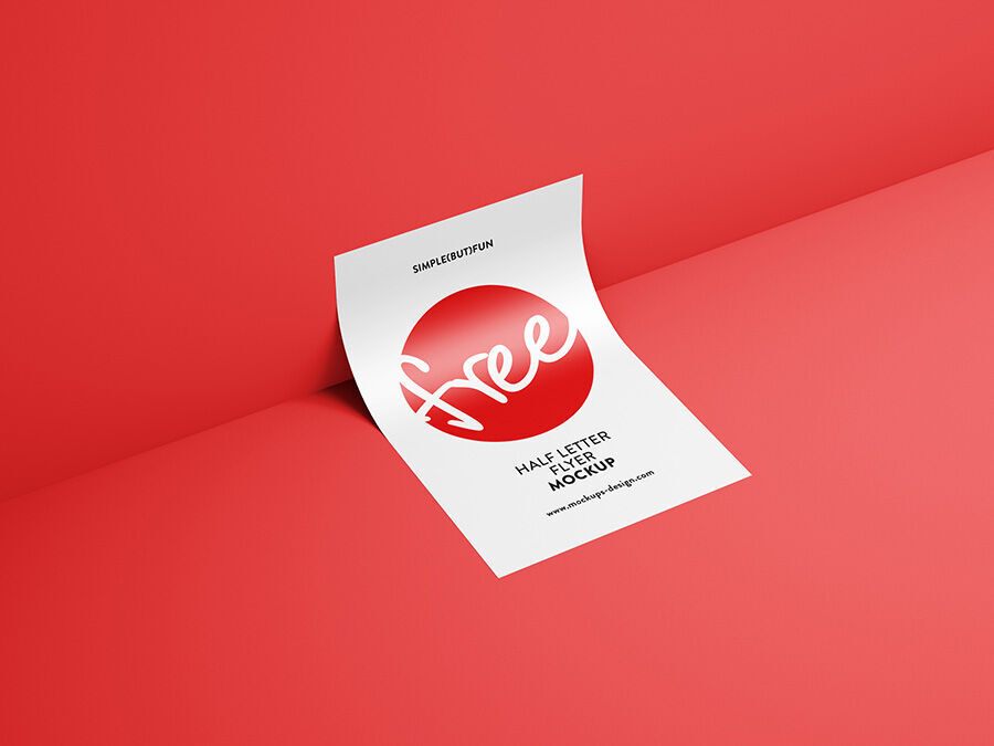Half Page Flyer Mockup Bent on a Red Surface FREE PSD
