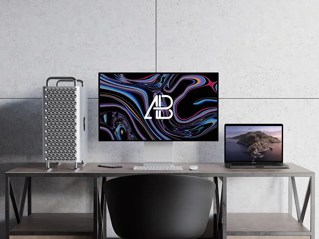 Mac Pro And Macbook Pro Mockup On A Table With Case FREE PSD