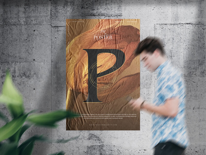 Mockup Displaying Glued Paper on Concrete Wall with Blurry Guy and Plant FREE PSD