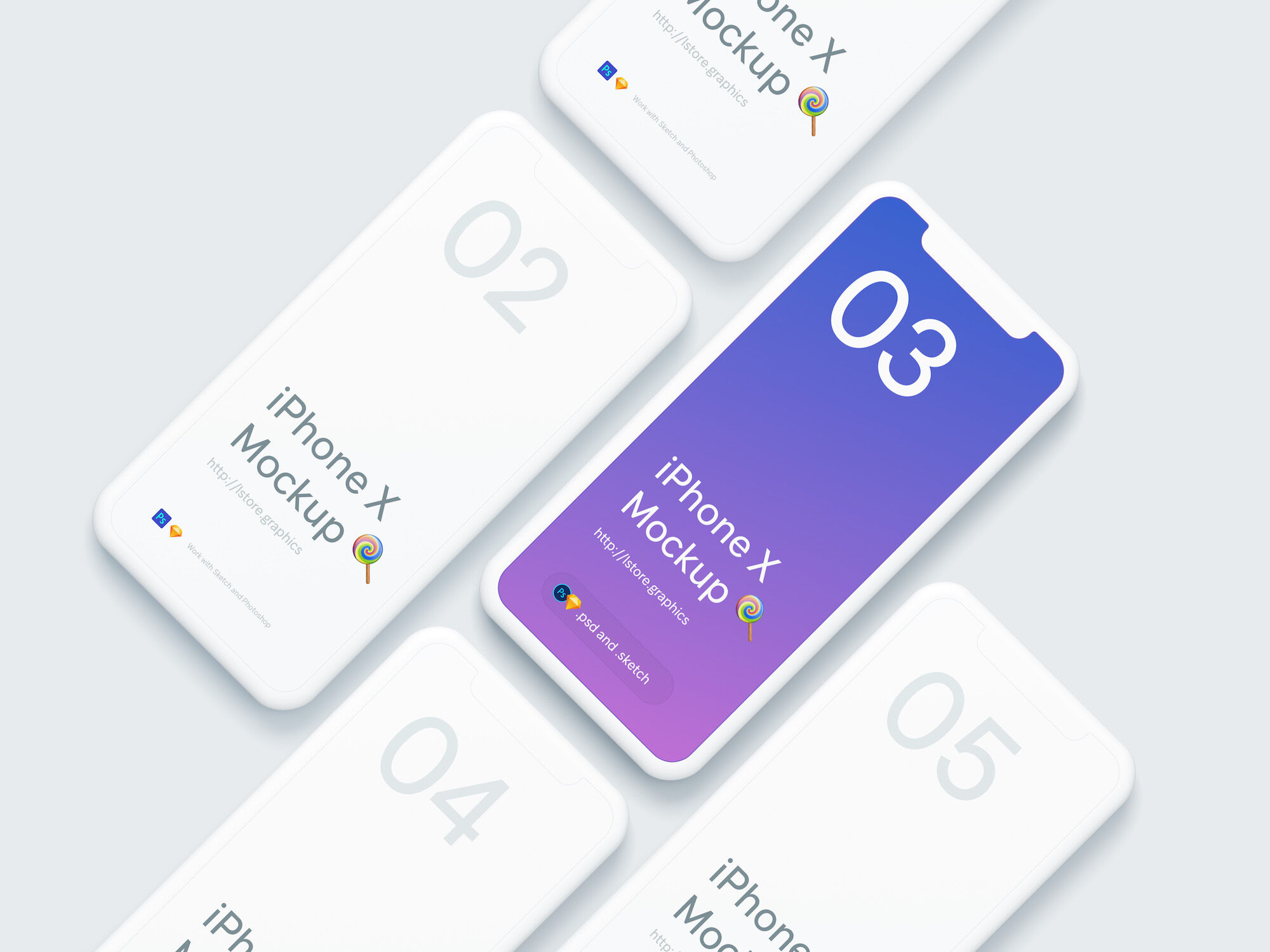 Mockup Displaying Overhead View of Five iPhone X FREE PSD