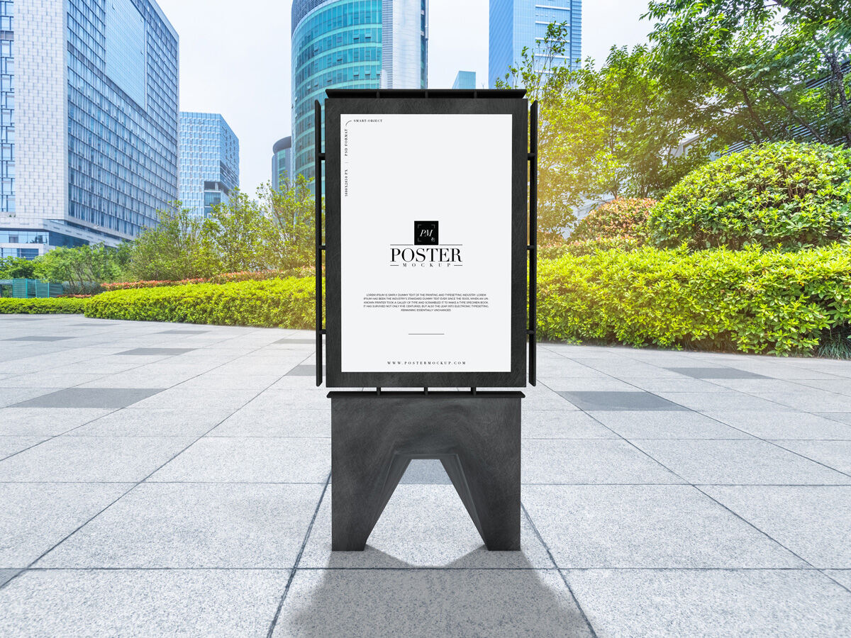 Mockup Featuring Publicity Poster Standing on Outdoor Environment FREE PSD