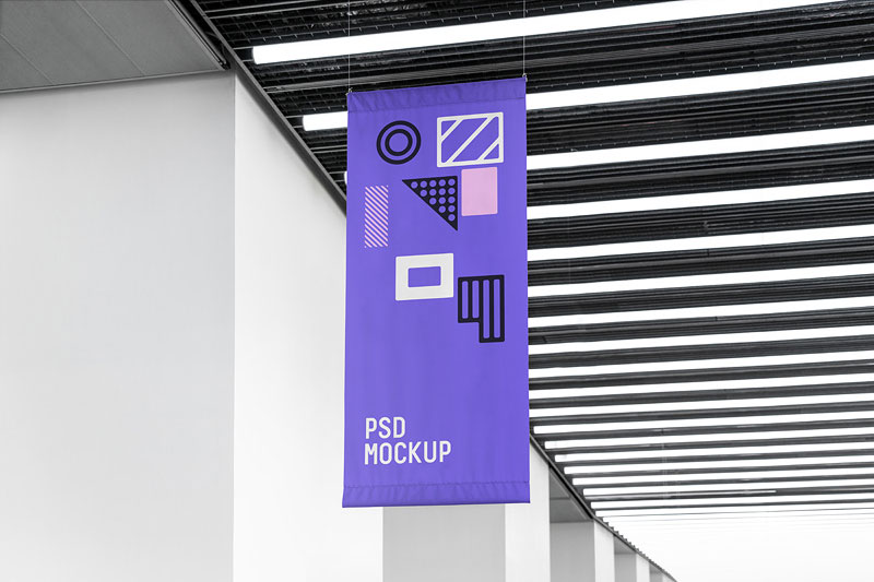 Mockup Of A Flag Hung From The Ceiling