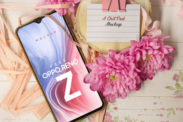 Mockup of an Oppo Reno Z Smartphone with Flowers FREE PSD