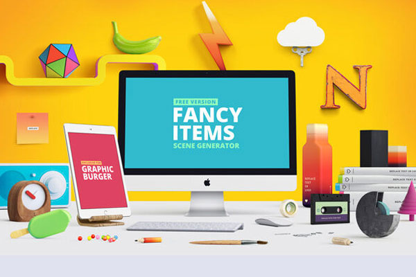 Mockup of front View of a Fancy and Colorful set of Items FREE PSD
