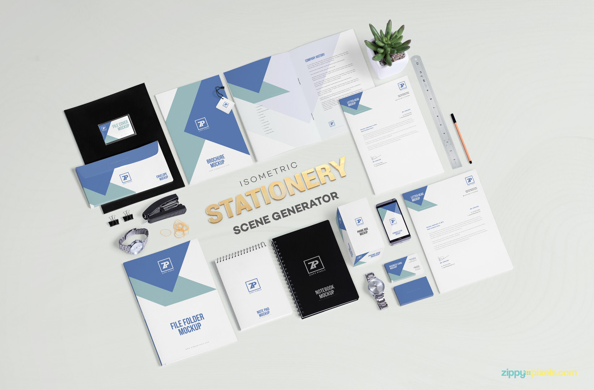 Mockup Of Stationery Scene with 21 Moveable Objects FREE PSD