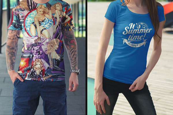 Mockup Showcasing Man and Woman Models Wearing T-shirts on Street Environment FREE PSD
