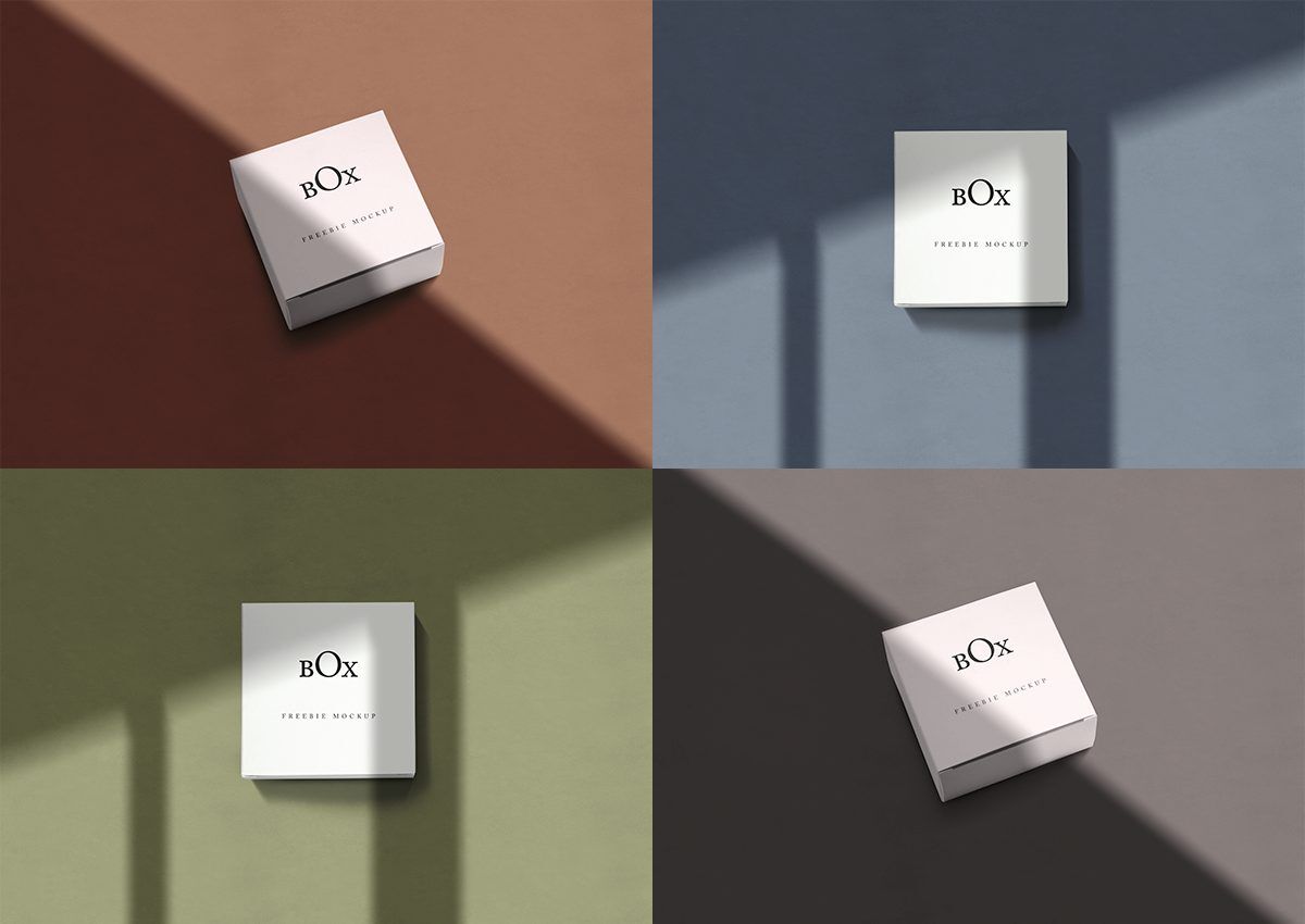 Mockup Showcasing Square Box in Four Different Scenes with Overlayed Shadows FREE PSD