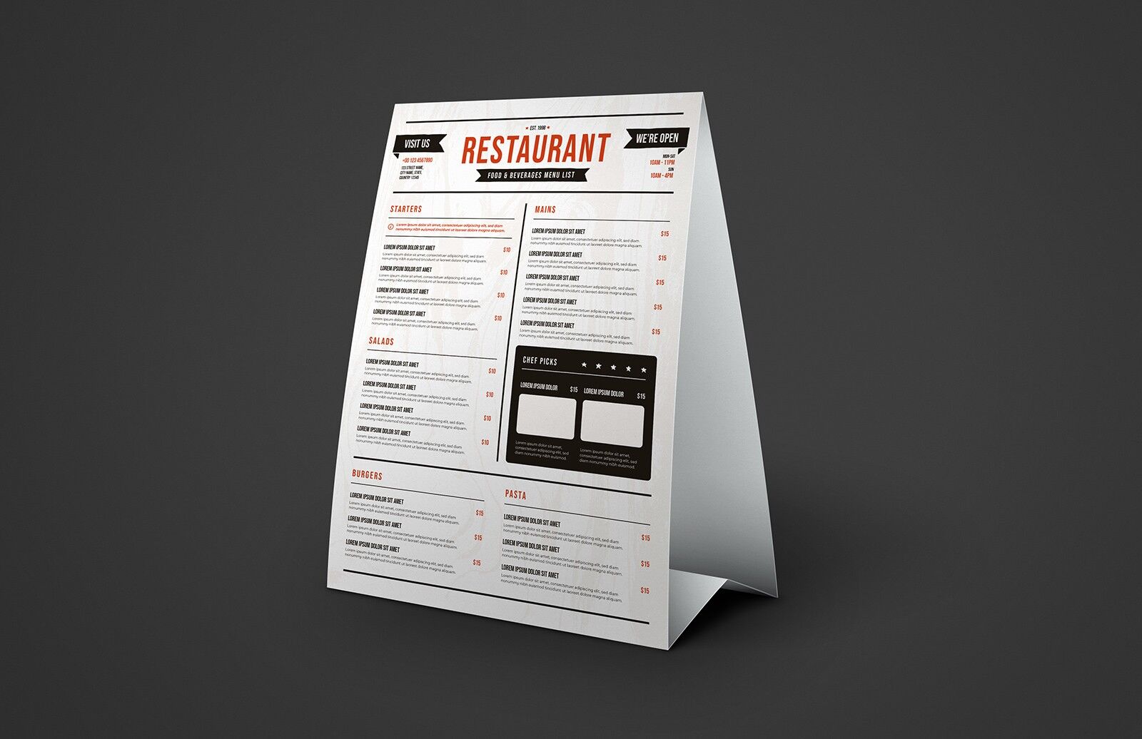 Mockup Showing a 3/4 View of a Table Tent Menu FREE PSD