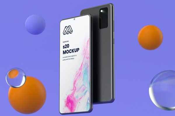 Mockup Showing Two Floating Samsung S20 Surround with Balls FREE PSD