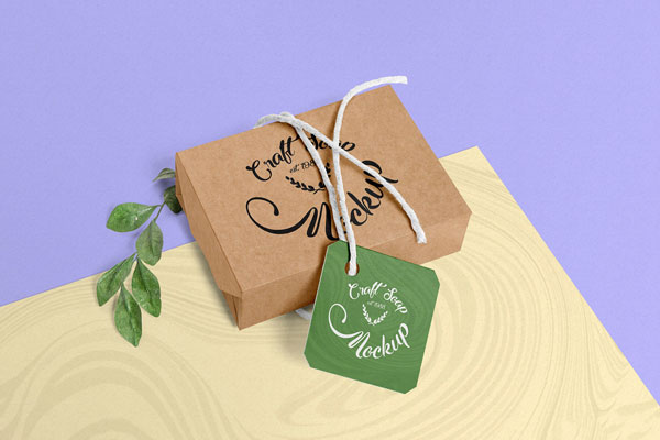Soap Box with a Tag Laid on a Bifold Background Mockup FREE PSD