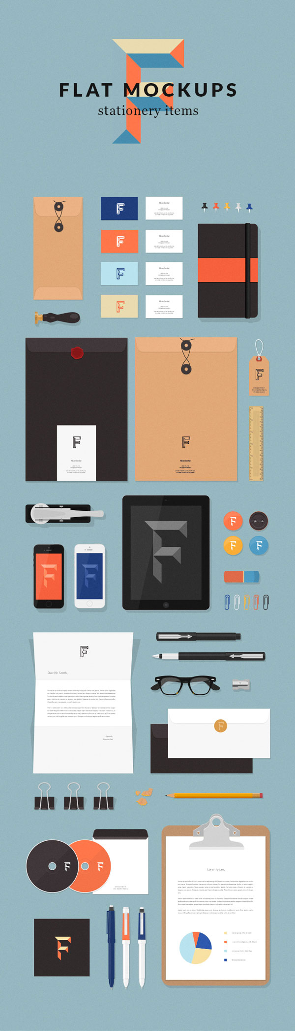 Top View of Flat Stationery Items Mockups FREE PSD