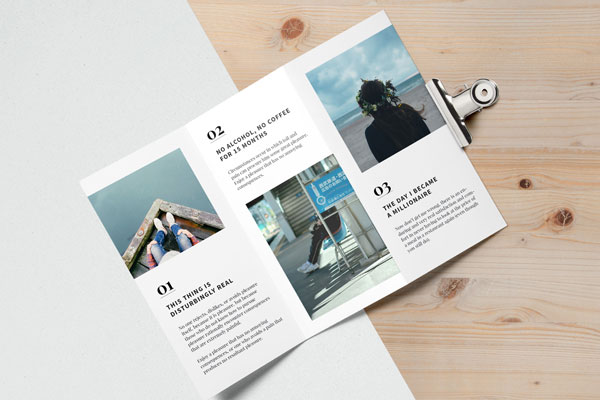 Tri Fold Brochure Mockup 2 On a Wooden Background FREE PSD