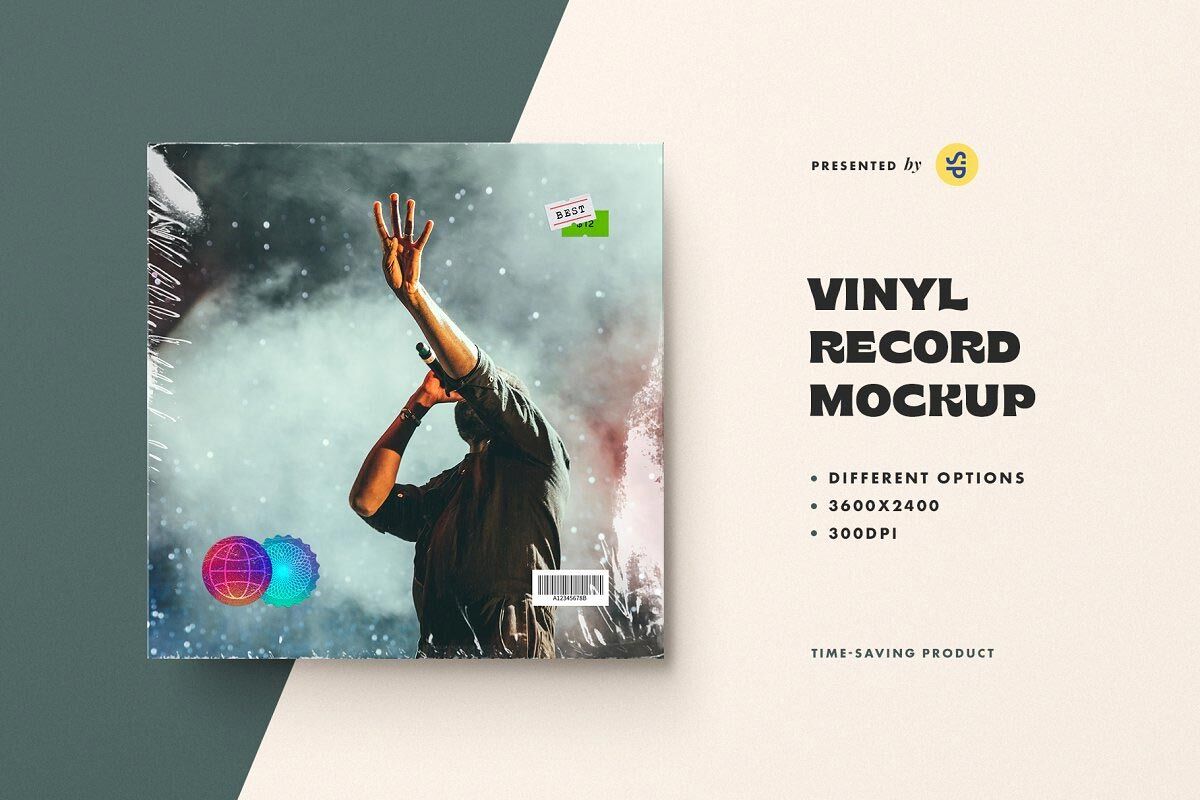 Vinyl Record with Sticker Badges Mockup FREE PSD