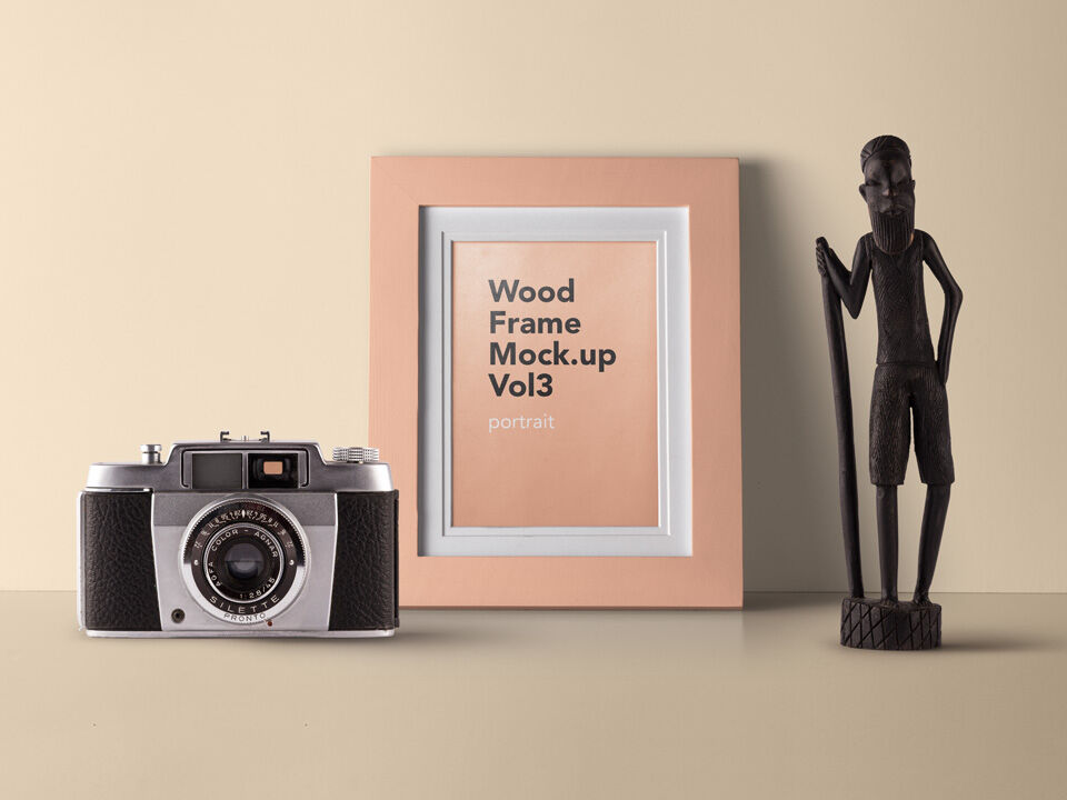 Wooden Frame Mockup Along With Decorative Camera FREE PSD