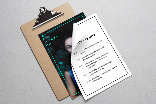 A4 Paper and Clipboard Displaying Stationery Mockup FREE PSD