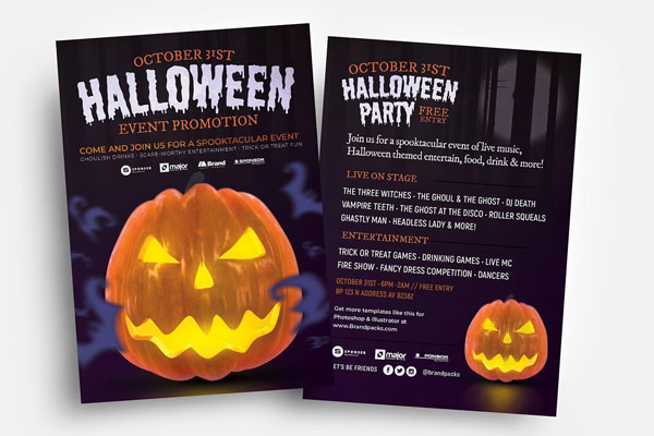 Back and Front of Halloween Flyer Template with Carved Pumpkin FREE PSD