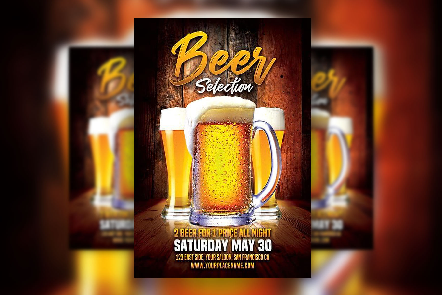 Beer Party Flyer Template with Overflowing Pints and Wooden Background