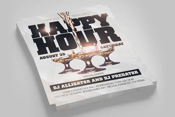 Black and White Classy Happy Hour Flyer with Facebook Cover FREE PSD