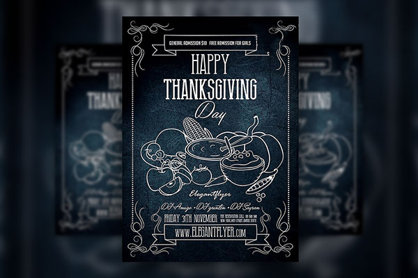 Cartoon Thanksgiving Flyer Template Featuring Food on Dark Surface FREE PSD