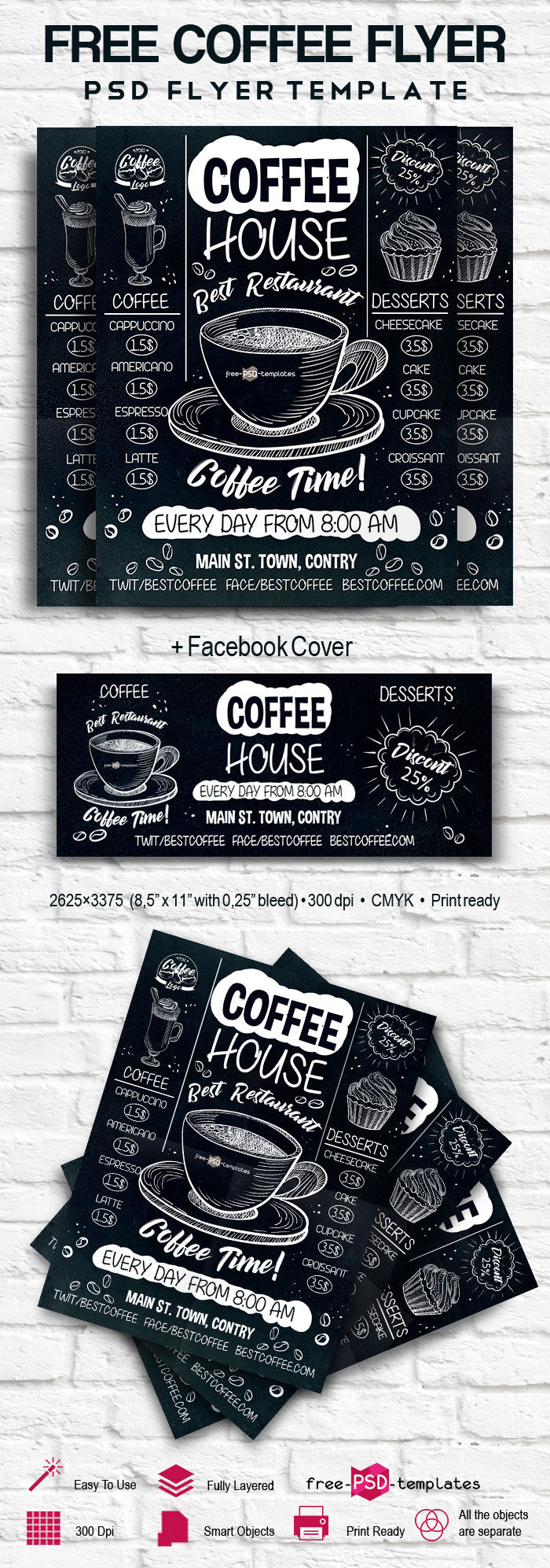 Chalk Illustrated Coffee Shop Flyer and Facebook Cover Template FREE PSD