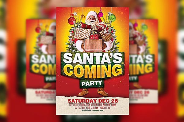 Christmas Party Flyer Template Featuring Santa Holding Gifts FREE PSD
