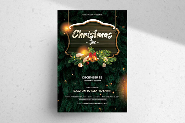 Christmas Time Flyer Template With a Christmas Tree in the Background FREE PSD
