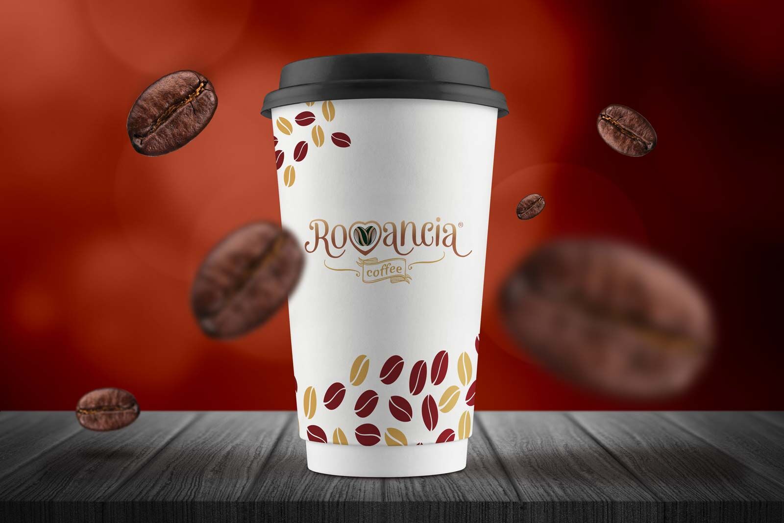 Coffee Cup On Wooden Surface With Floating Coffee Beans Mockup FREE PSD