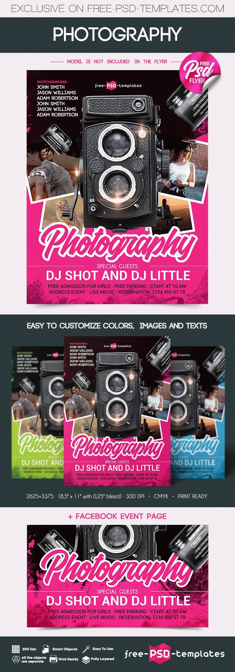 Dark, Pink, Retro Photography Flyer and Facebook Cover Templates FREE PSD