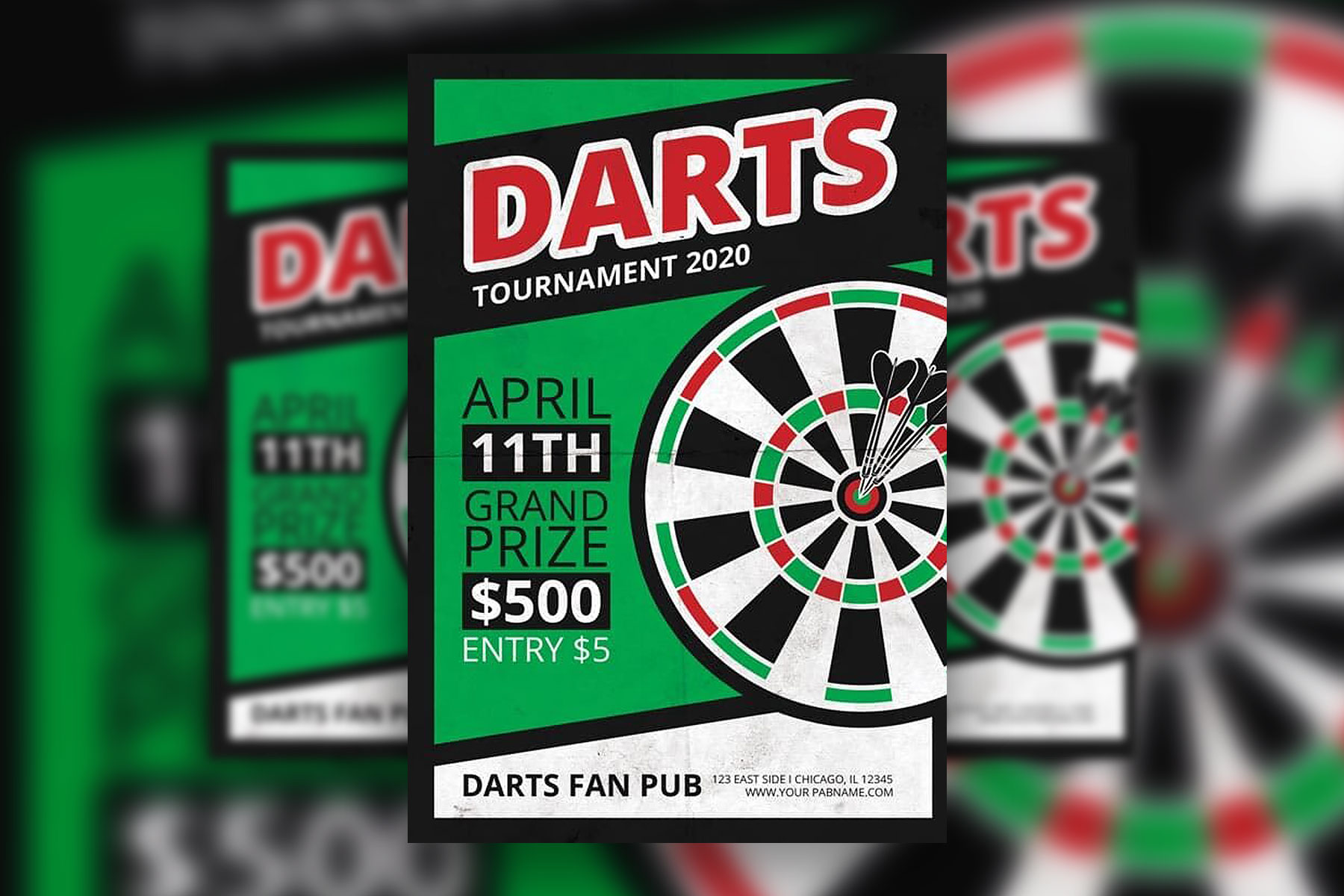 Darts Tournament Flyer Template with Green and Black Theme (FREE