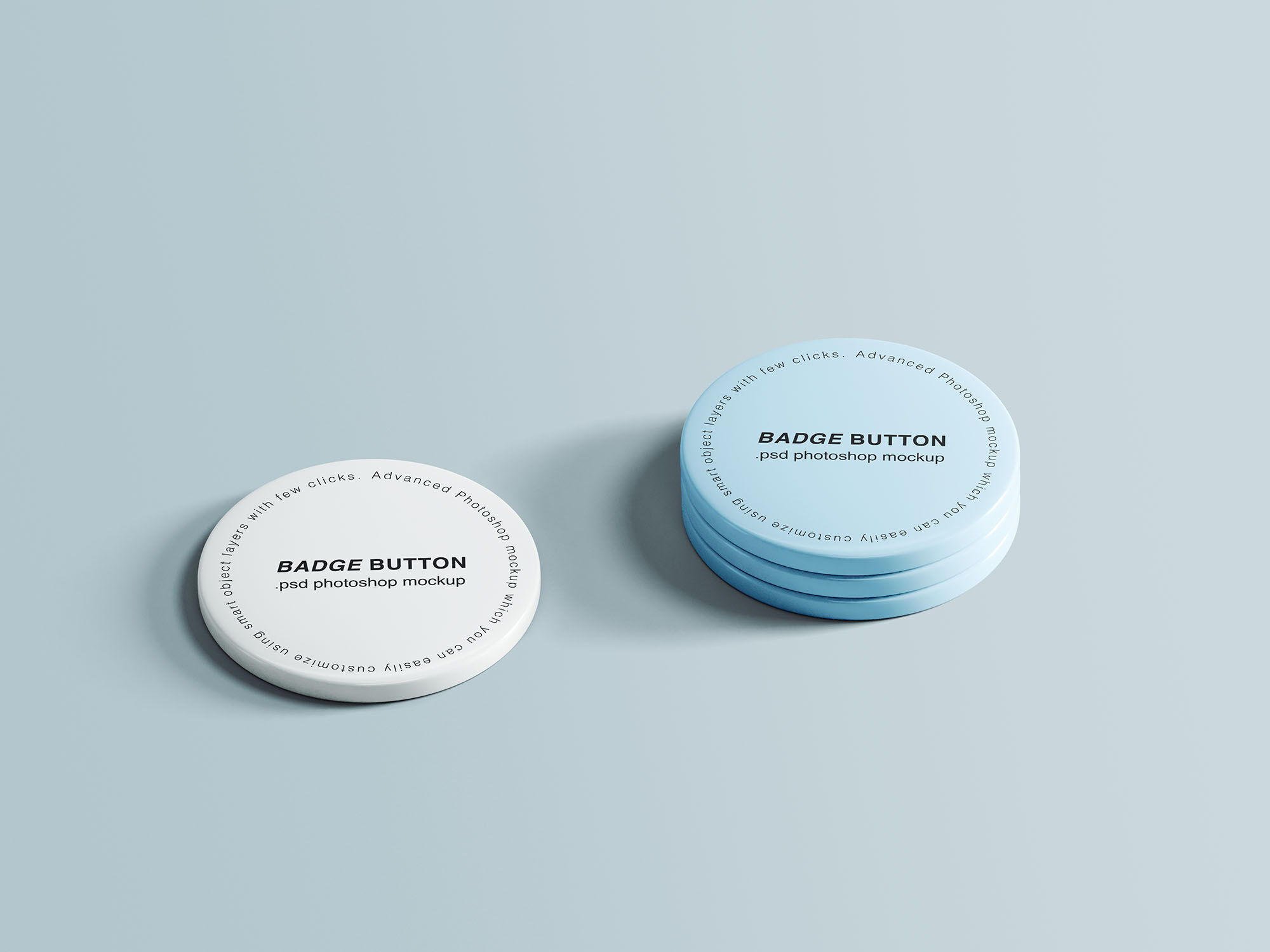 Four White and Blue Pin Buttons only Two Surfaces Visible Mockup FREE PSD