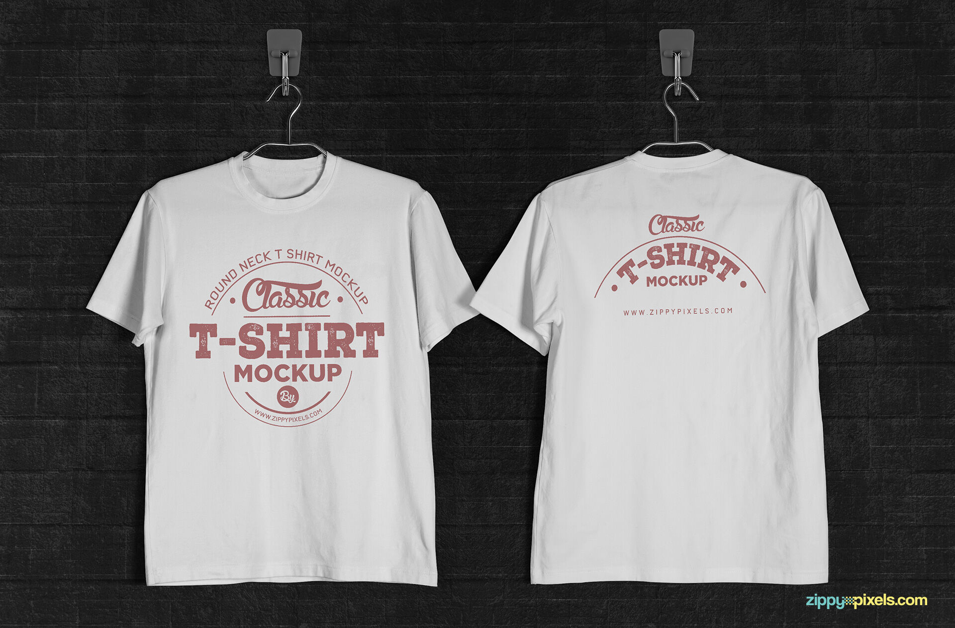 Front and Back View of Round-Neck T-Shirts on a Clothe-hanger Mockup FREE PSD