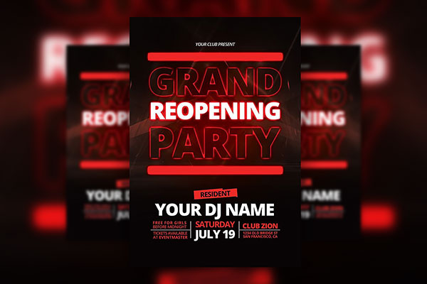Grand Opening Party Flyer Template with a Dark Theme FREE PSD
