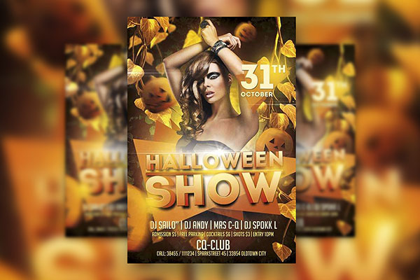 Halloween DJ Show Flyer Template Pumpkin and Golden-Orange Background FREE PSD