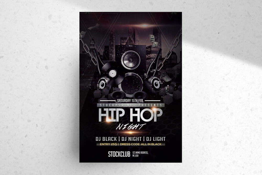 Hip Hop Flyer Template Featuring Urban Night Scene FREE PSD