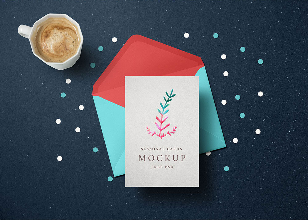 Holiday Greeting Card PSD Mockup Featuring a Coffee Mug FREE PSD
