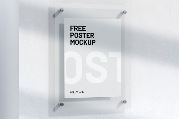 Letter Size Poster with Transparent Cover Riveted to a Wall Mockup FREE PSD