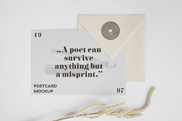 Minimal Horizontal Postcard And Envelope Top View Mockup FREE PSD